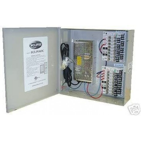 This UL listed wall mount power supply is housed in a metal cabinet. It has eight (8) individually fused outputs and a status LED.