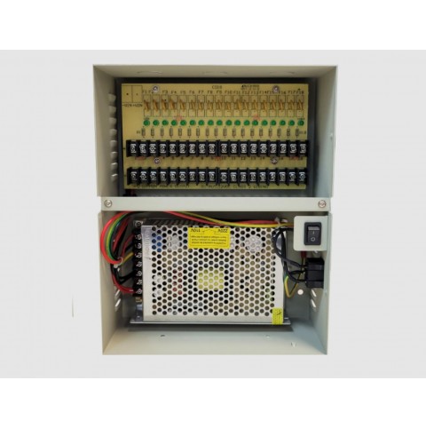 ECL-PS18DC15 18 Port 12VDC Wall Mount Power Supply. This 12VDC power supply has 18 individually fused outputs. Total power output rated @ 15 Amps.