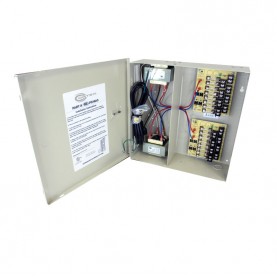 This UL listed wall mount power supply is housed in a metal cabinet.