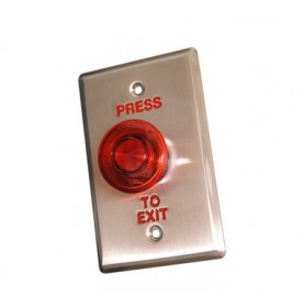 This red illuminated button is mounted on a metal plate that can be secured to a wall near the door it effects.