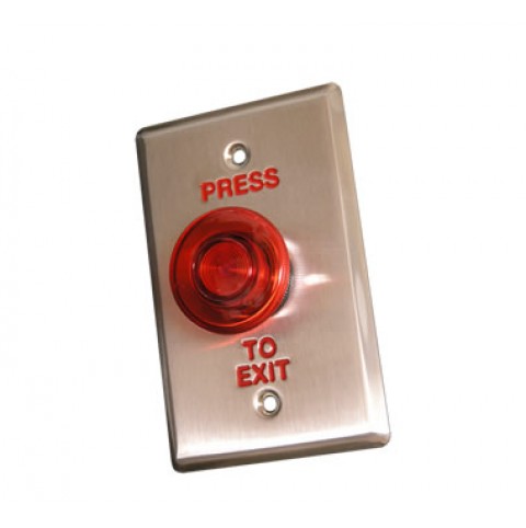 This red illuminated button is mounted on a metal plate that can be secured to a wall near the door it effects.