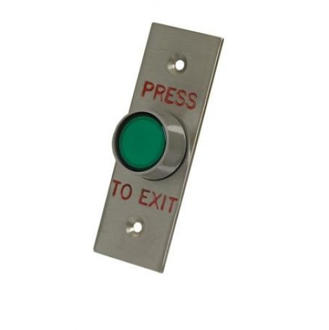 This small form factor green illuminated button is mounted on a slim metal plate that can be secured to a wall near the door it effects