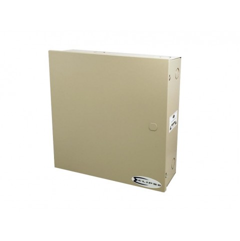 This UL listed wall mount power supply is housed in a metal cabinet. It has sixteen (16) individually fused outputs and a status LED.