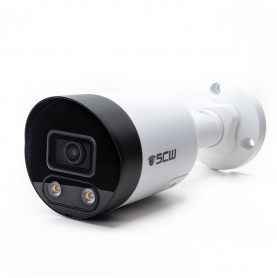 4K (8MP = 4x1080P) Wide Angle (112°) Fixed Lens Mini Bullet Camera with Micro-SD Card, Active Deterrence Lights, Speaker and Mic