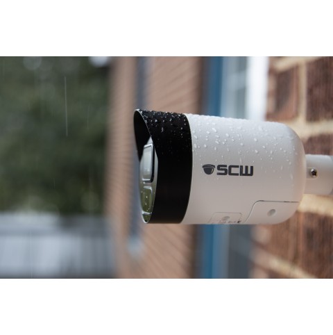 4K (8MP = 4x1080P) Wide Angle (112°) Fixed Lens Mini Bullet Camera with Micro-SD Card, Active Deterrence Lights, Speaker and Mic
