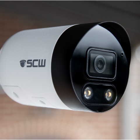 4K (8MP = 4x1080P) Fixed Lens Mini Bullet Camera, Active Deterrence Lights, Speaker and Mic